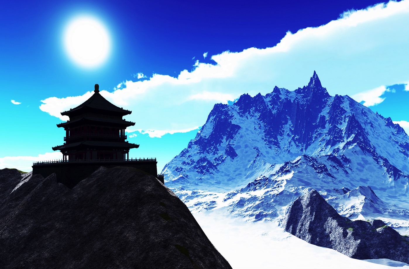 ガンケルプンスム参考画像（ブータン寺院と山）